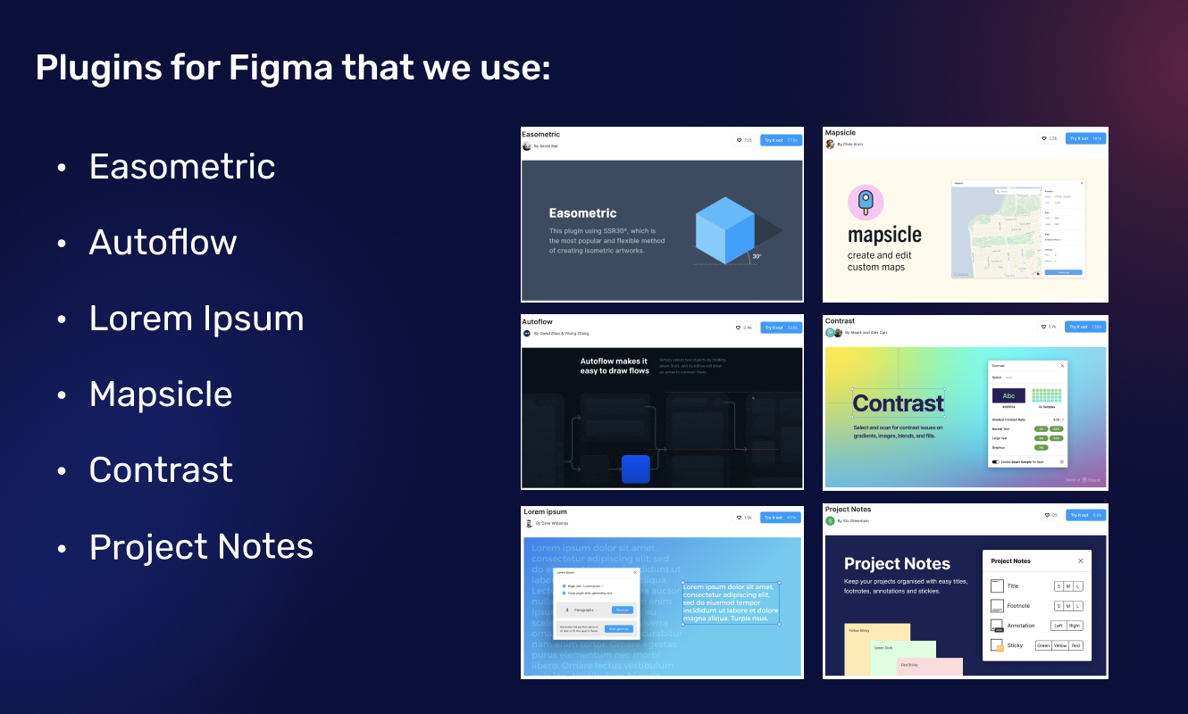 Plugins for Figma that we use in Stepwise: Easometric, Autoflow, Lorem Ipsum, Mapsicle, Contrast, Project Notes